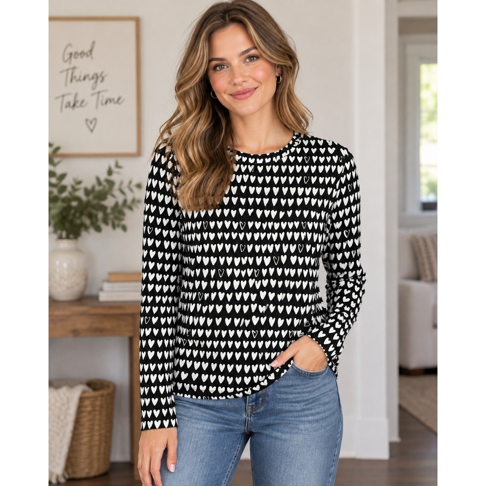 Loft Long Sleeve Tee Black White Heart Print Cotton Crew Neck Medium